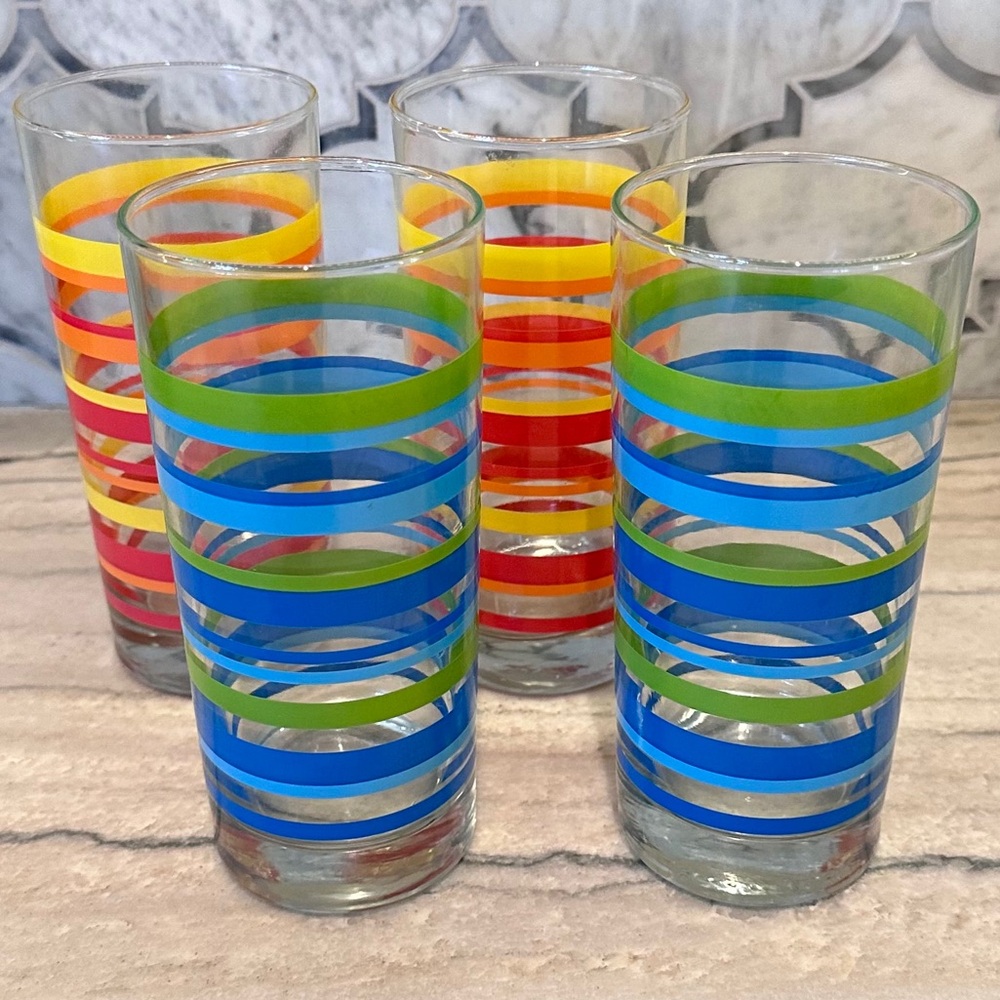 Four Bright Orange & Blue Striped Pfaltzgraff MCM Inspired Glass Tumbler Coolers